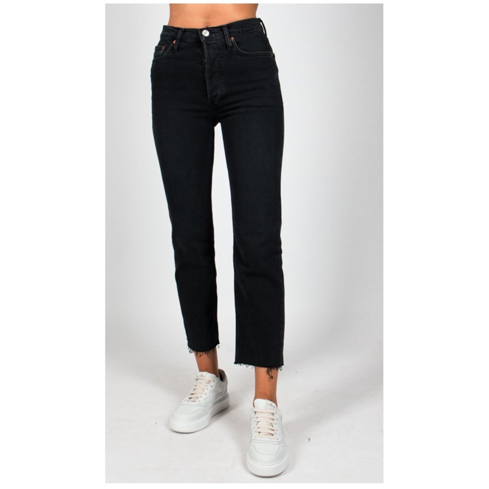 RE DONE 70s High Rise Stove Pipe Jeans Jet Black Ankle Crop Raw Hem Womens 27